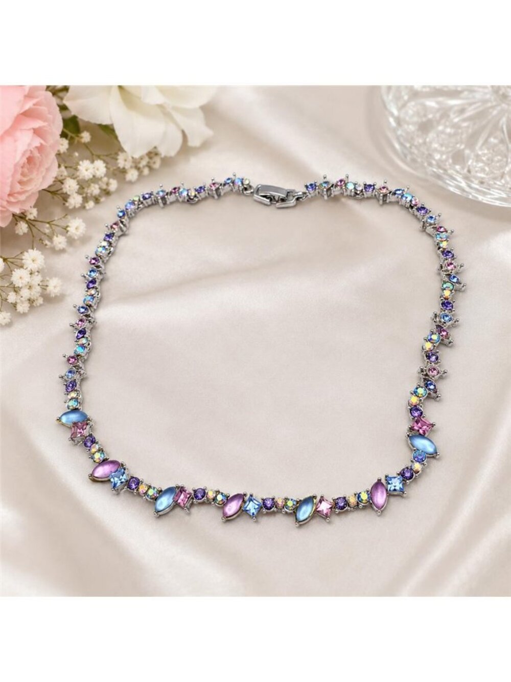 Silver Tone Multicolor AB Crystal Cat Eye Floral Vine Collar Necklace 15.5 In